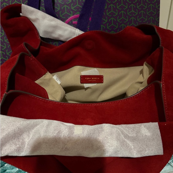 Authentic Tory Burch Slouch Suede Shoulder Bag Red - Picture 11 of 14